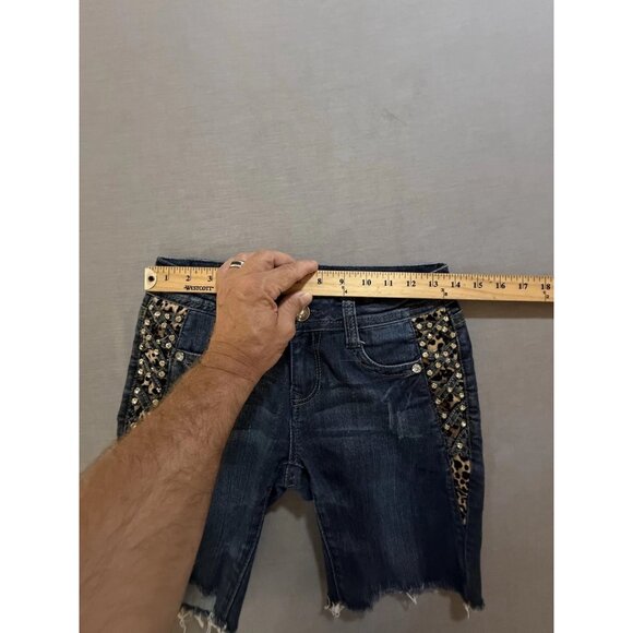 LA Idol Cut Off Denim Shorts Women's 7 Blue Embellished Flap‎ Pocket Studded. - Picture 7 of 9